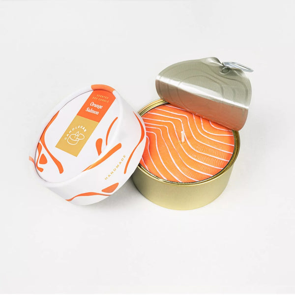 Orange scented candle - Salmon shape - 320g. | Sealed in a can | Two wicks | 100% Vegetable wax | Handmade | Large novelty candle