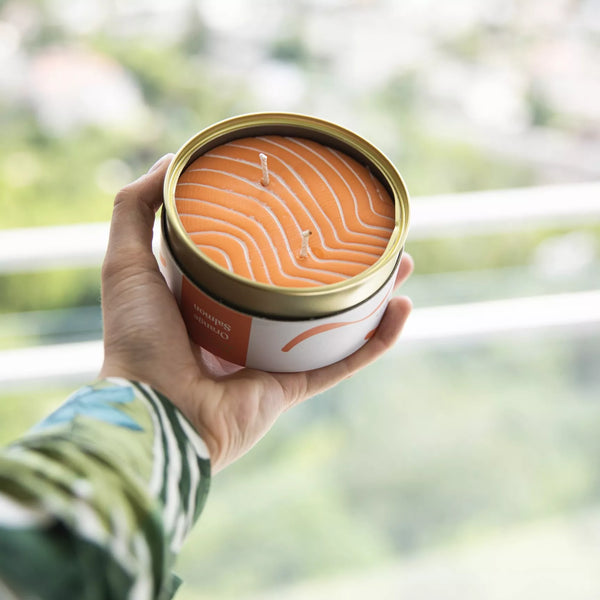 Orange scented candle - Salmon shape - 320g. | Sealed in a can | Two wicks | 100% Vegetable wax | Handmade | Large novelty candle