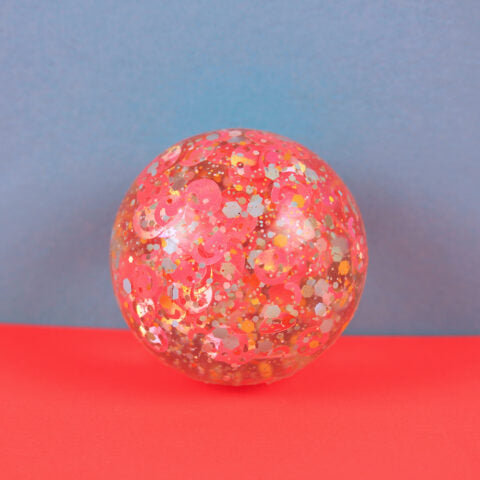 Flummiball mit Smileys und Konfetti, neonpink/hellblau 49 mm