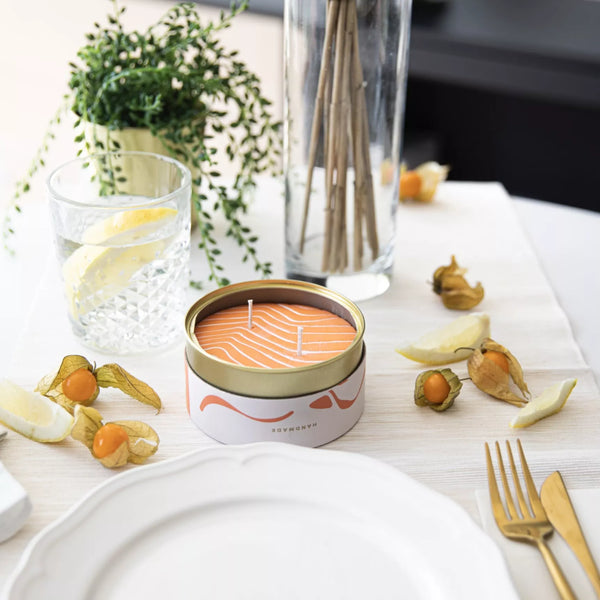 Orange scented candle - Salmon shape - 320g. | Sealed in a can | Two wicks | 100% Vegetable wax | Handmade | Large novelty candle